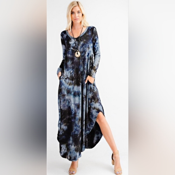 rae mode Dresses & Skirts - Rae Mode Tie Dye Maxi Dress | V-Neck Pocket Dress Blue Black Boho Flowy‎ Size S